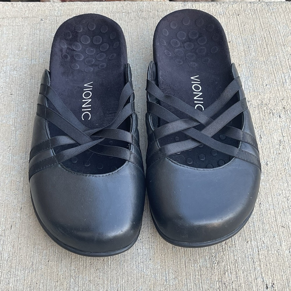 Vionic‎ Claire Black Leather Crisscross Strap Orthotic Mule Flat Slides Size